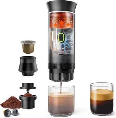 Produktbild von Tragbare Kaffeemaschine, 3-in-1-Akku-Kaffeemaschine für Kapseln und gemahlenen Kaffee, Espressomaschine für unterwegs - 5 Minuten Schnelles Erhitzen