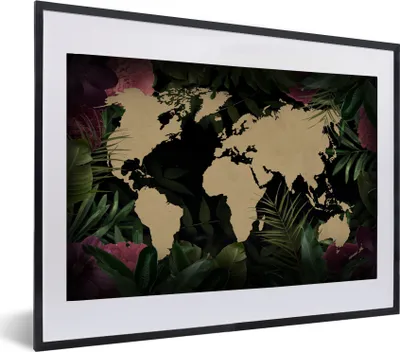 Produktbild von MuchoWow® MuchoWow® Gerahmtes Poster Weltkarte - Blätter - Dschungel 60x40 cm - Poster mit zchwarzem Bilderrahmen - Schlafzimmer - Plakat in Rahmen - Drucken