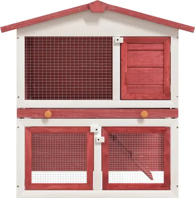 A front view of a two-tiered wooden rabbit hutch with red accents and wire mesh doors.
