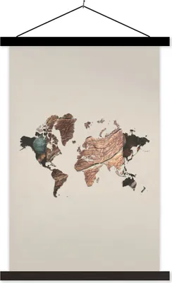 Produktbild von MuchoWow® Textilposter Weltkarte - Holz - Baum 40x60 cm mit schwarzem Rahmen - Wanddekorationen