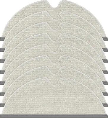 A stack of white cleaning cloths with gray edges, arranged in a fan shape against a white background.