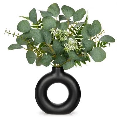 Immagine prodotto di Eucalipto artificiale in vaso a forma di ciambella, diametro 36 cm, colore nero, materiale: Vetroceramica