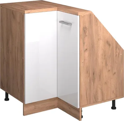 A corner cabinet with a white high-gloss door and wood-effect panels.
