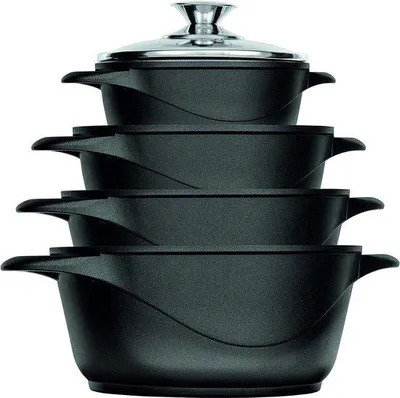 Image de Batterie de cuisine lavable au lave-vaisselle, en aluminium forgé et fonte, noire, 4 pièces