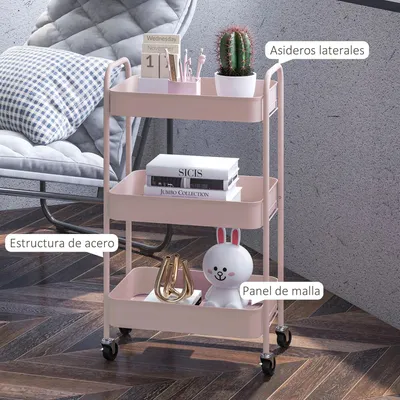 Image de Chariot de service pour cuisine - Chariot à 3 niveaux sur roulettes - Structure métallique avec roulettes, 3 paniers, 2 poignées - 45 x 30,6 x 79 cm - Rose