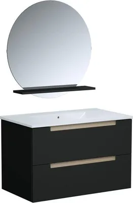 Image de Ensemble Meuble de Salle de Bain, Noir Mat, 80 x 45 x 50 cm, Vasque Céramique, Miroir, PRIZO