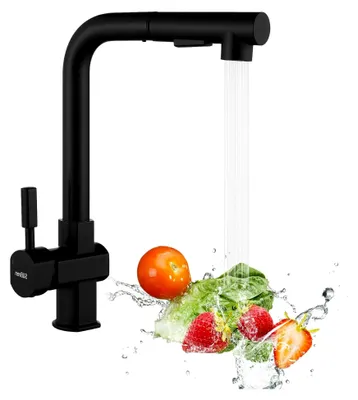 Produktbild von Küchenwasserhahn Schwarz, Hochdruck Küchenarmatur Ausziehbar, Spültischarmatur mit zwei Wasserstrahlarten, 360° schwenkbare Mischbatterie aus Edelstahl