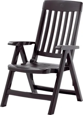 A dark brown plastic folding chair is shown against a white background.