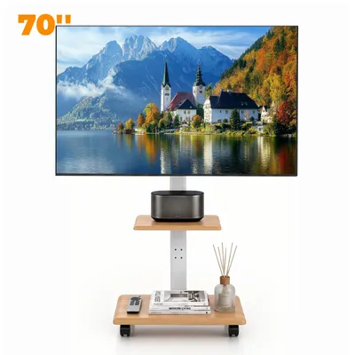 Image de Support mural pour télévision, avec roulettes, pour écrans de 32 à 70 pouces, compatible VESA jusqu'à 600x400, capacité de charge maximale de 40 kg, équipé de roulettes et de deux étagères