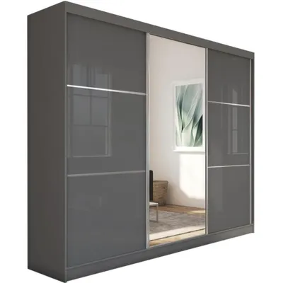 Image de BEAUTYSOFA armoire à portes coulissantes VIVA II 240 cm - armoire à trois portes, armoire, armoire avec grands miroirs et tiroirs, couleur : graphite