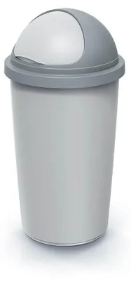 A gray and light gray trash can with a flip-top lid, shown in a studio setting against a white background.
