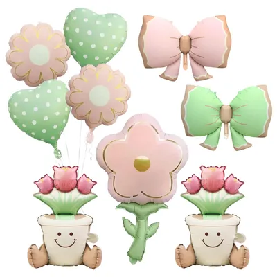 9 Blumenballons, rosa & mintgrün, Folienballon-Set, Geburtstag, Muttertag