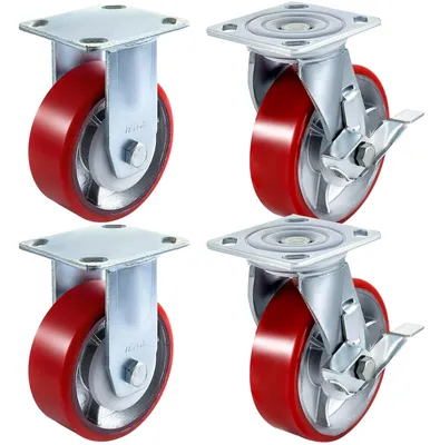 Image de Lot de 4 roulettes pivotantes VEVOR 6 x 2 pouces, 2 fixes et 2 pivotantes avec frein latéral, plaque centrale en fer polyuréthane, capacité de 1000 livres par roue