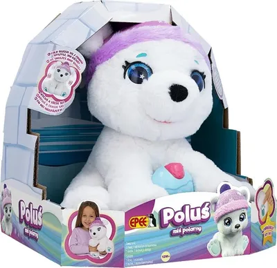 A plush polar bear toy in its packaging, designed to look like an igloo.
