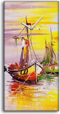 Produktbild von Wanduhr Uhr Wandbild Leinwand 30x60 Wasser Meer Segel Boot Sonnenaufgang - weiße Hände