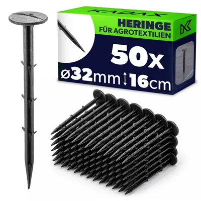Produktbild von KADAX 50x Erdnägel aus Kunststoff – 16 cm lange Erdanker mit 32 mm Kopfdurchmesser – Bodenanker zur Befestigung von Gartenvlies & Unkrautvlies im Gart