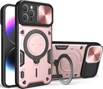 Produktbild von Handyhülle für iPhone 11 Pro Dual-Layer Stoßfest Rüstung Hülle mit Dia Kameraschutz und Kreisförmig Ring Ständer Roségold