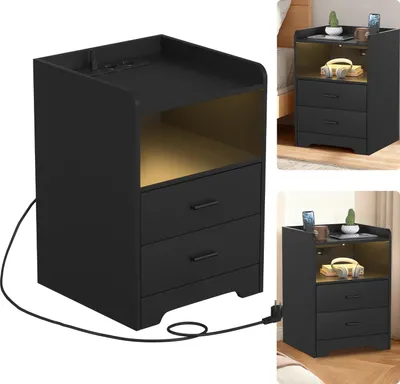 Produktbild von Faziango Nachttisch Sofatisch mit LED-Beleuchtung, Nachtschrank mit Ladestation Schwarz(1-St), 2 Schubladen für Schlafzimmer, Wohnzimmer Schwarz