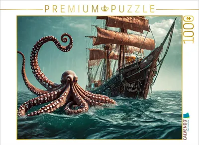 Produktbild von CALVENDO Puzzle Eine Riesenkrake bedroht ein Segelschiff | 1000 Teile Lege-Größe 64x48cm Foto-Puzzle für glückliche Stunden