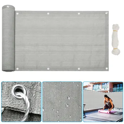 A collage of images showing a rolled-up grey balcony screen, a close-up of the screen with water droplets, a close-up of a grommet with rope, and a woman doing yoga on a balcony with a screen in the background.