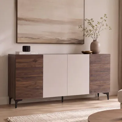 Obrázok produktu pre Komoda HWC-Q84, skrinka, dvere s 3D štruktúrou, úložné priestory, materiál MDF, melamínová povrchová úprava, rozmer 80x160x42 cm, vzhľad orecha