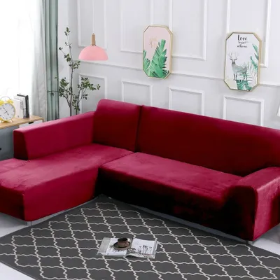 Produktbild von Stretch Samt Sofahusse Sofabezug L-Form Schnittsofa Überwurf 2 Stück Dicker Plüsch Sofabezüge für Ecksofa (2-Sitzer+2-Sitzer),Rot