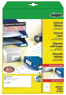Produktbild von SIGEL LA140 Universal-Etiketten, 97 x 42,3 mm, weiß, 300 Etiketten