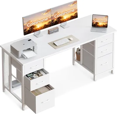 Obrázok produktu pre Písací stôl, 6 zásuviek, 160x52 cm, s úložným priestorom, biela farba