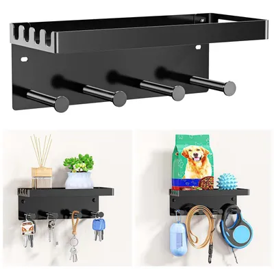 Produktbild von Hundegarderobe mit Ablage, Schlüsselhalter Wand, Schwarz, Metall, Selbstklebend oder Bohren