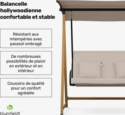 Image de Blumfeldt ZenGrove Balancelle Jardin – 2 Places Extérieur avec Toit Réglables, Cadre Acier 160kg, Coussin Épais, Résistant Intempéries