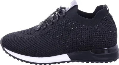 A side view of a black women's sneaker with rhinestones.