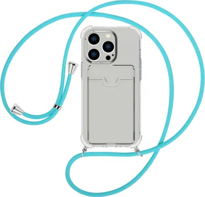Produktbild von Handykette Backcover-Schutzhülle mit Band (Metall silberfarben) für Apple iPhone 15 Pro - türkis