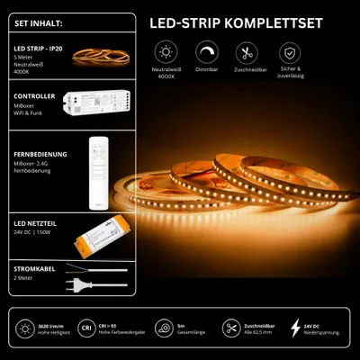 Produktbild von LED Streifen Set High Power Neutralweiß 4000K – SMD LED Streifen 24V, 22 W/m, 3620 lm/m, 5m – SS150 Netzteil, WL5 WiFi Controller und C1 Fernbedienung Weiß