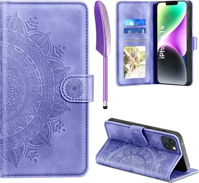Produktbild von Lila iPhone 14 Wallet Case Flip Handyhülle Kunstleder mit Kartenfach & Ständer