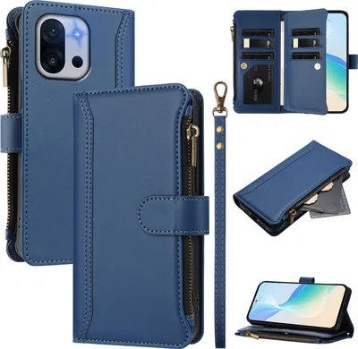 Image de Etui pour OnePlus 13T, zippé, étui portefeuille en cuirPolyuréthaneavec pochettes pour cartes, support et dragonne bleu