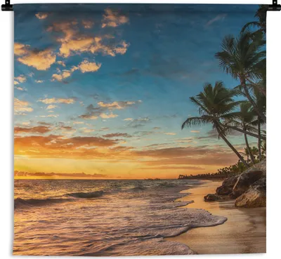 Produktbild von MuchoWow® Wandteppich Wandbehang Strand - Sonnenuntergang - Meer - Palme 60x60 cm Tapisserie Dekoration Wandtuch - Dekorationen - Wand Decke