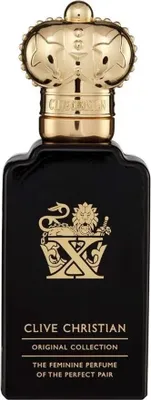 A black perfume bottle with a gold crown-shaped cap and gold lettering and emblem.