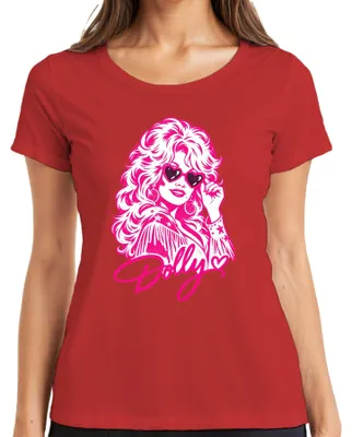 Productafbeelding van Dolly Parton, countryzangeres, cowgirl, retro, fan, western, roze dames T-shirt, rood, maat S