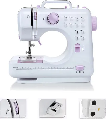 A white and purple electric sewing machine is shown against a white background. The image is composed of a main shot of the sewing machine and three smaller inset images showing details of the machine.