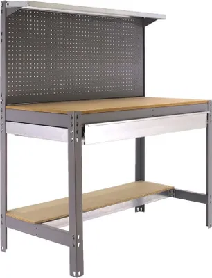 Produktbild von PROREGAL Werkbank BUFFALO mit Werkzeugwand, Schubfach und Ablage | HxBxT 84x120x61cm | Traglast 600kg | Grau