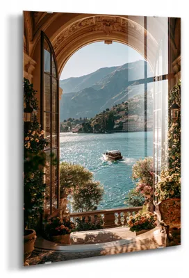 Productafbeelding van STYLER Glaswanddecoratie, 80x120 cm, Comer Meer, Italië, landschap, villa, wanddecoratie, woonkamer, slaapkamer, mediterrane stijl, romantische landschappen