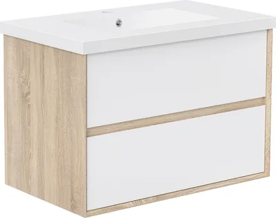 Image de Acezanble Ensemble Meuble de salle de Bain 79cm avec Vasque, Suspendu, 2 Tiroirs, Blanc + Chêne
