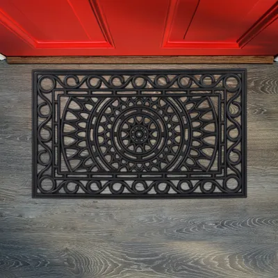 Produktbild von Relaxdays Fußmatte Gummi, 45 x 75 cm, rutschfest, wetterfest, Fußabtreter Ornamente, Indoor & Outdoor, Türmatte, schwarz