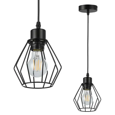 Two black pendant lights with diamond-shaped cages and Edison-style bulbs, displayed against a white background.