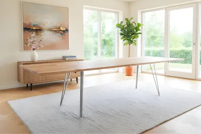 Produktbild von Esstisch Baumkante Akazie natur 200(300)x100 Ansteckplatten Vierfuß-Gestell silber AVINO