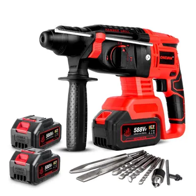Produktbild von Akku-Bohrhammer Bürstenloser Schlagbohrmaschine 4-in-1 Akku Bohrhammer mit 2xAkku, 360°-Drehgriff und Bits Sert, für Beton, Mauerwerk, Wände