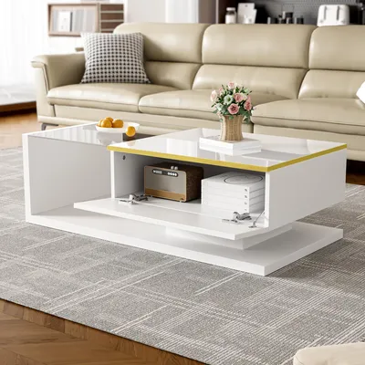 Produktbild von MODFU Moderner Couchtisch 100cm Beistelltische mit 16 Farben LED-Beleuchtung,reichlich Platz, Sofatisch mit Hochglanz und Glasdesktop Design,Weiß