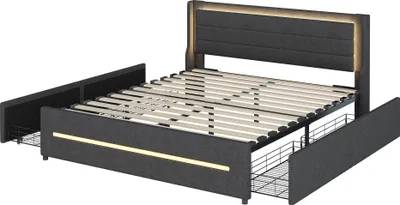 Obrázek produktu pro Okwish čalouněná postel, dětská postel 160x200 cm s LED osvětlením, funkční úložná manželská postel s 4 zásuvkami a laťkovým roštem, samet (bez matrace) - šedá