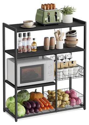 Produktbild von VASAGLE Küchenregal, Standregal mit 2 Metallkörben, Bäckerregal mit Haken und Regalablagen, Mikrowellenregal, 35 x 80 x 93,5 cm, anthrazitgrau-schwarz KKS096B22