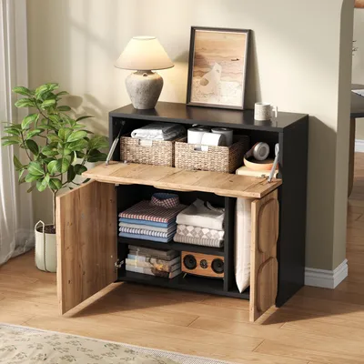 Immagine prodotto di okwish mobile vintage da soggiorno credenza cassettiera con cinque scomparti e struttura in legno, credenza mobile con fianchi neri, nero+legno
